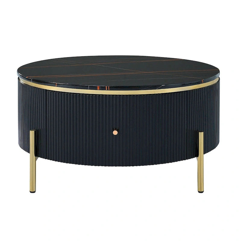 Table basse ronde moderne avec 2 grands tiroirs de rangement, table d'appoint avec plateau à motif marbre