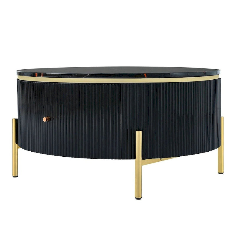 Table basse ronde moderne avec 2 grands tiroirs de rangement, table d'appoint avec plateau à motif marbre