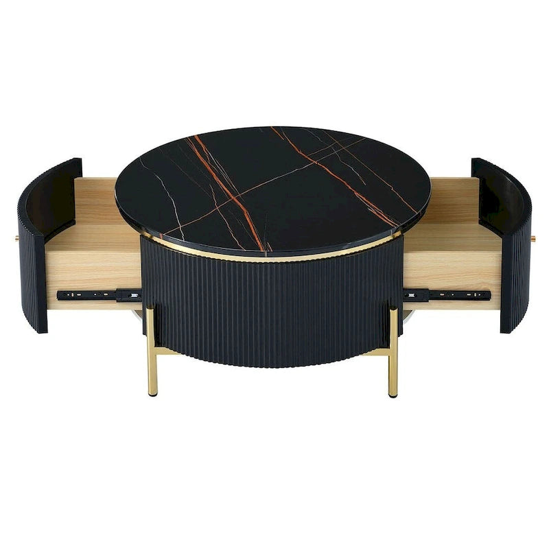 Table basse ronde moderne avec 2 grands tiroirs de rangement, table d'appoint avec plateau à motif marbre