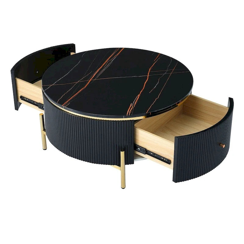 Table basse ronde moderne avec 2 grands tiroirs de rangement, table d'appoint avec plateau à motif marbre