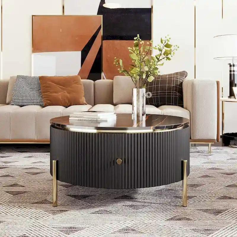 Table basse ronde moderne avec 2 grands tiroirs de rangement, table d'appoint avec plateau à motif marbre