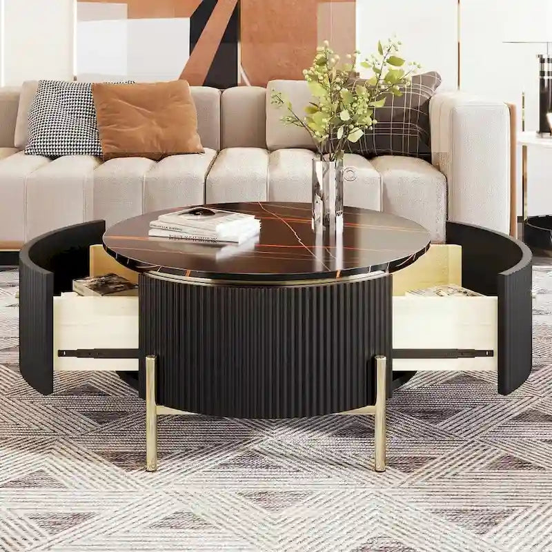 Table basse ronde moderne avec 2 grands tiroirs de rangement, table d'appoint avec plateau à motif marbre