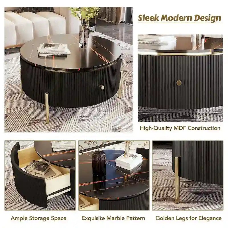 Table basse ronde moderne avec 2 grands tiroirs de rangement, table d'appoint avec plateau à motif marbre