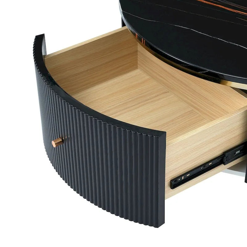 Table basse ronde moderne avec 2 grands tiroirs de rangement, table d'appoint avec plateau à motif marbre