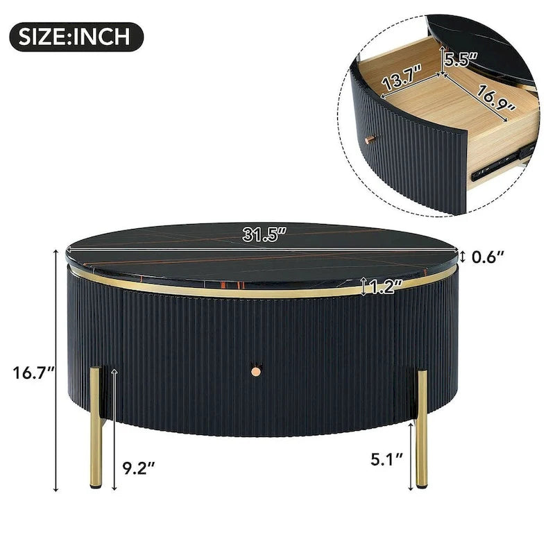 Table basse ronde moderne avec 2 grands tiroirs de rangement, table d'appoint avec plateau à motif marbre
