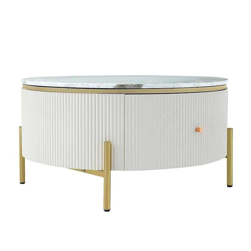 Table basse ronde moderne avec 2 grands tiroirs de rangement, table d'appoint avec plateau à motif marbre