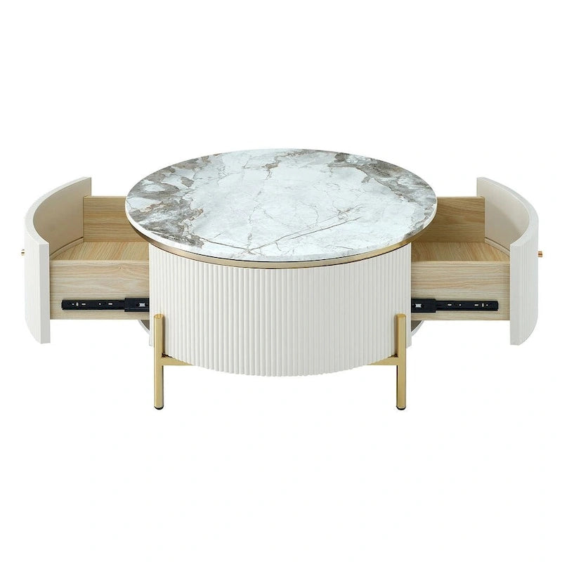 Table basse ronde moderne avec 2 grands tiroirs de rangement, table d'appoint avec plateau à motif marbre