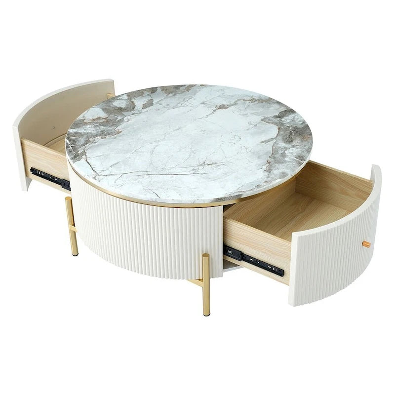 Table basse ronde moderne avec 2 grands tiroirs de rangement, table d'appoint avec plateau à motif marbre