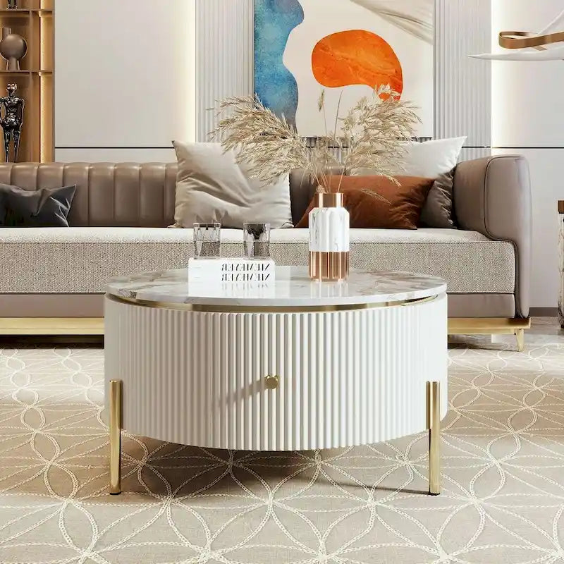 Table basse ronde moderne avec 2 grands tiroirs de rangement, table d'appoint avec plateau à motif marbre