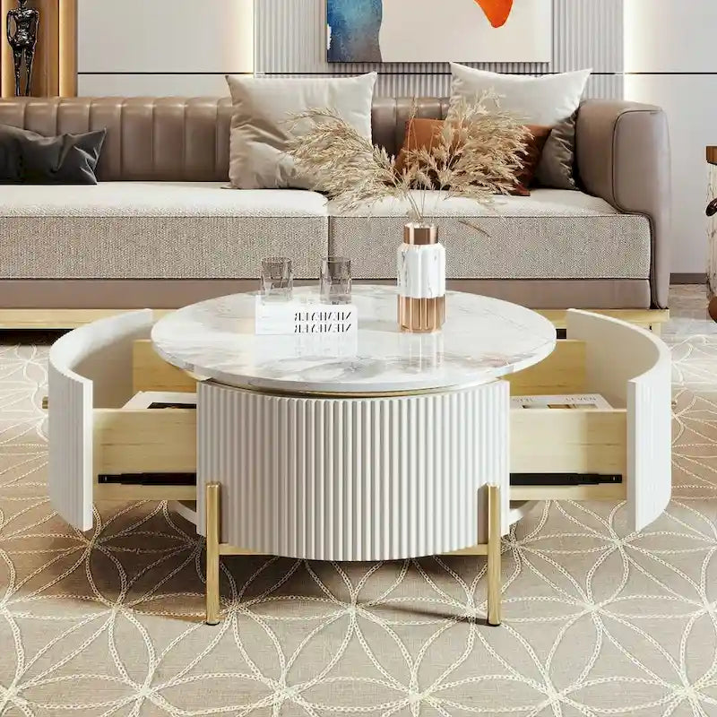 Table basse ronde moderne avec 2 grands tiroirs de rangement, table d'appoint avec plateau à motif marbre