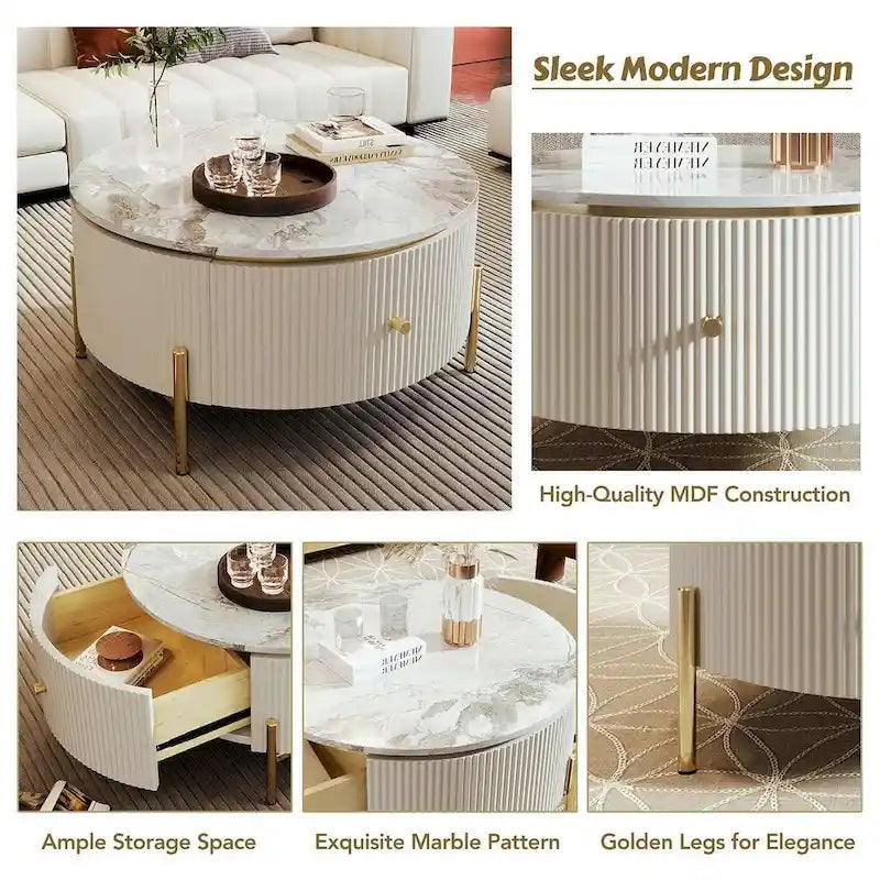 Table basse ronde moderne avec 2 grands tiroirs de rangement, table d'appoint avec plateau à motif marbre