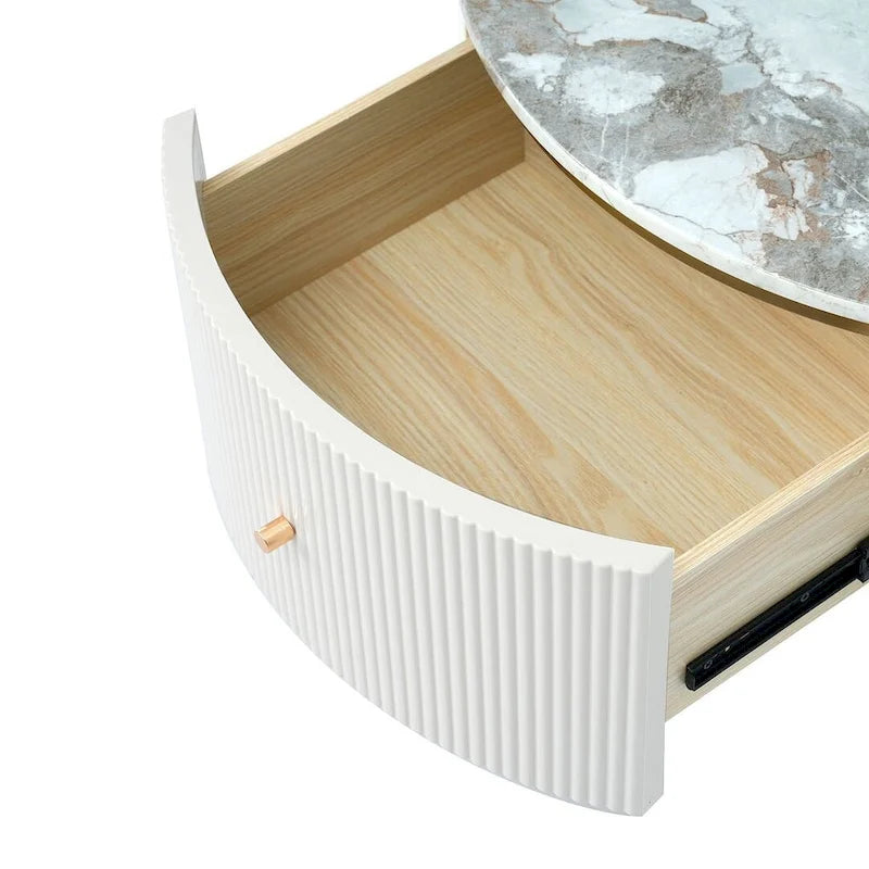 Table basse ronde moderne avec 2 grands tiroirs de rangement, table d'appoint avec plateau à motif marbre