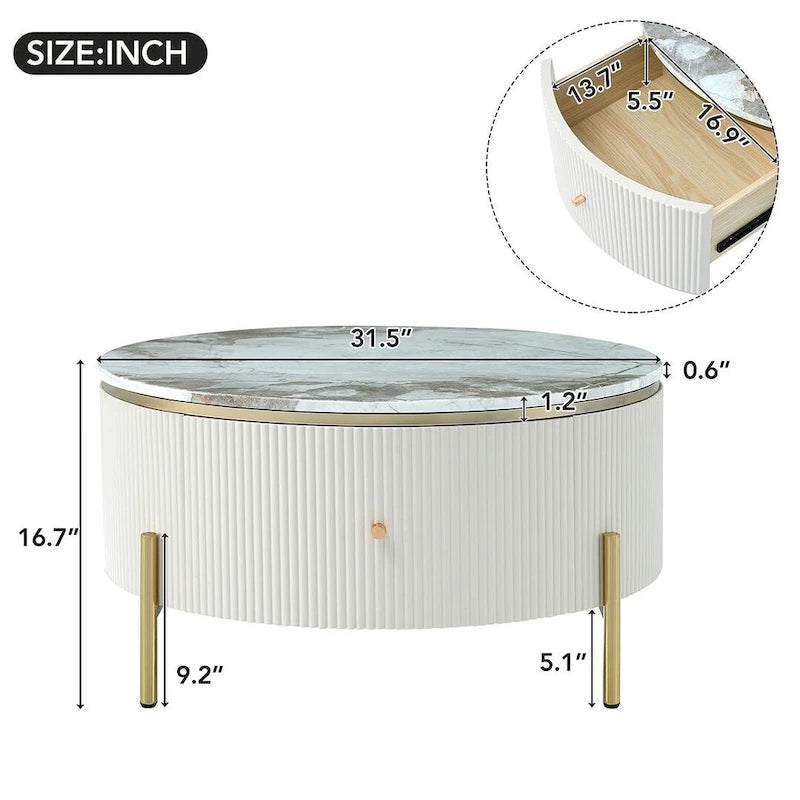 Table basse ronde moderne avec 2 grands tiroirs de rangement, table d'appoint avec plateau à motif marbre