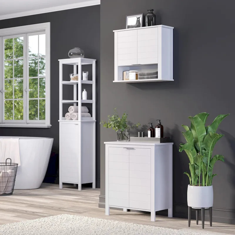 Organisateur de rangement haut pour salle de bain avec étagères intérieures ouvertes et réglables