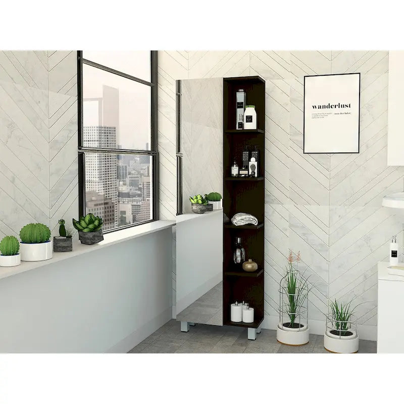 Armoire de toilette avec 4 étagères réglables – Finition wengé noir, Rangement sur pied