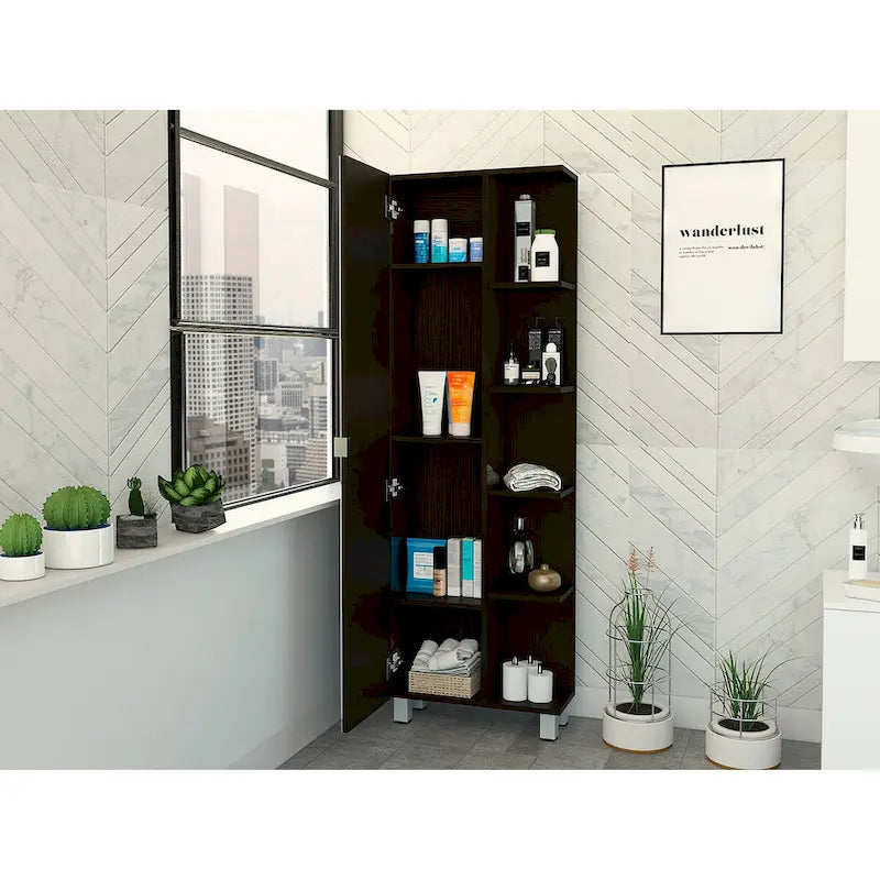 Armoire de toilette avec 4 étagères réglables – Finition wengé noir, Rangement sur pied