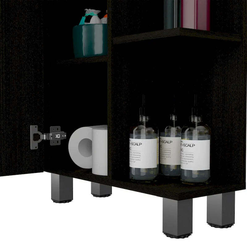 Armoire de toilette avec 4 étagères réglables – Finition wengé noir, Rangement sur pied