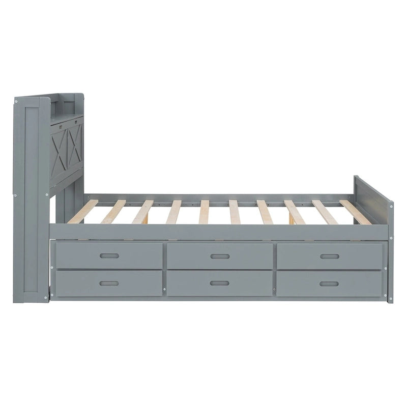 Lit en bois avec tiroirs de rangement, lit gigogne et trois tiroirs de rangement